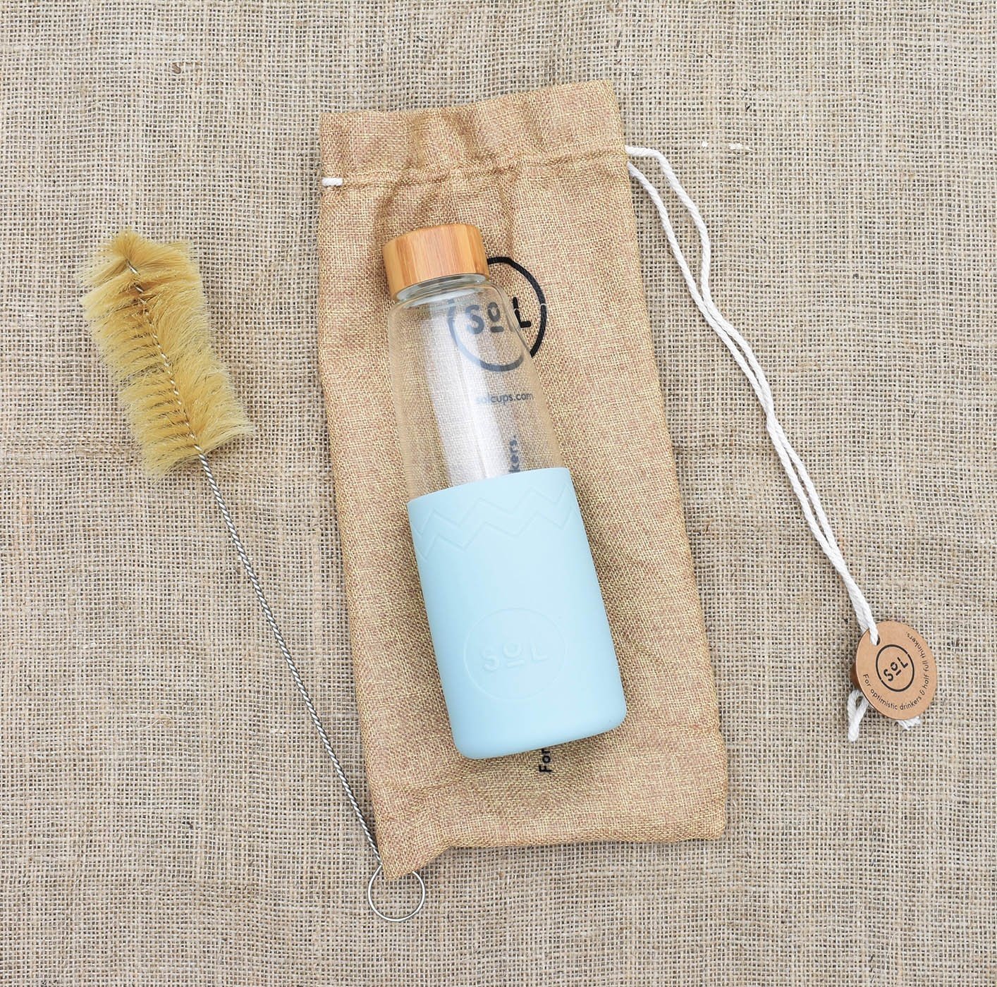 glass water bottle sol with hessian travel bag and bottle cleaning brush