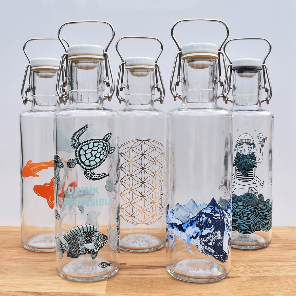 collection of soul glass water bottles