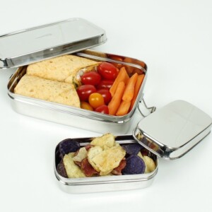A Slice of Green Large Rectangle Stainless Steel Lunch Box with Mini Container both open with food shown inside