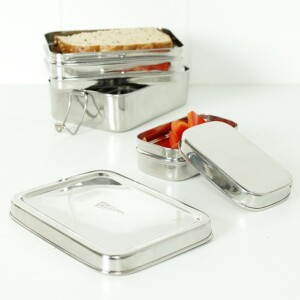 A Slice of Green Two Tier Rectangle Stainless Steel Lunch Box with Mini Container Open & Stacked