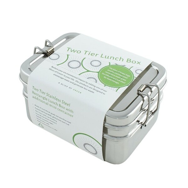 A Slice of Green Two Tier Rectangle Stainless Steel Lunch Box with Mini Container In Cardboard Sleeve Packaging