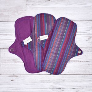 Eco-Femme Cotton Panty Liners ,Vibrant Stripe ,3 Pack, cotton , purple, plastic-free, handmade, Washable,