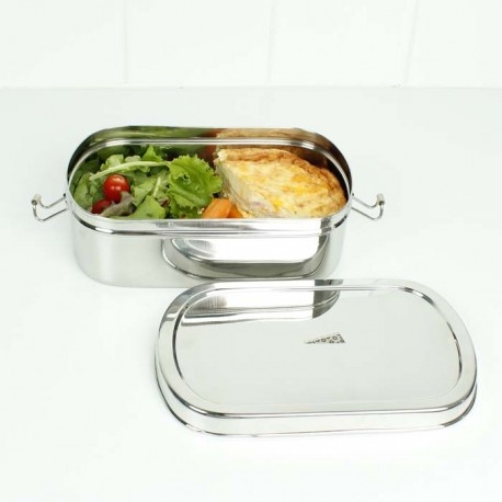 A Slice of Green Extra Large Stainless Steel Oval Lunch Box Open With Food Inside