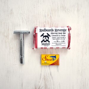 Safety razor, shark safety blades and mutiny shaving soap set