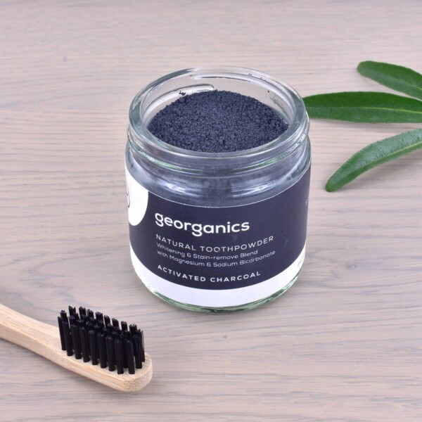 Georganics Toothpowder , dental care, dental hygiene, vegan friendly, toothpowder, whitening toothpowder, toothpowder jar with toothbrush, charcoal,