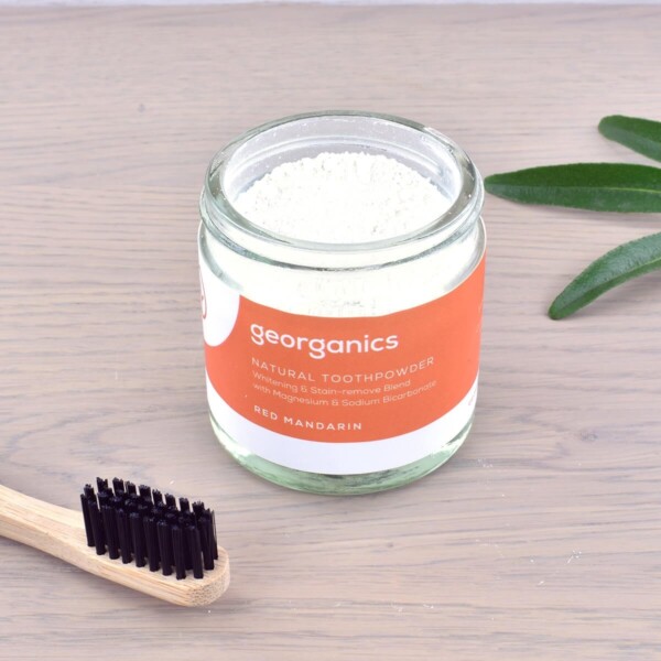 Georganics Toothpowder , dental care, dental hygiene, vegan friendly, toothpowder, whitening toothpowder, toothpowder jar with toothbrush, red mandarin,