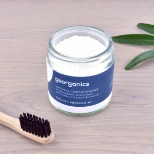 Georganics Toothpowder , dental care, dental hygiene, vegan friendly, toothpowder, whitening toothpowder, toothpowder jar with toothbrush, peppermint,