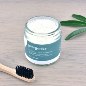 Georganics Toothpowder , dental care, dental hygiene, vegan friendly, toothpowder, whitening toothpowder, spearmint, toothpowder jar with toothbrush,