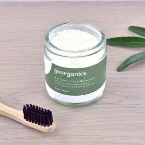 Georganics Toothpowder , dental care, dental hygiene, vegan friendly, toothpowder, whitening toothpowder, toothpowder jar with toothbrush, tea tree,