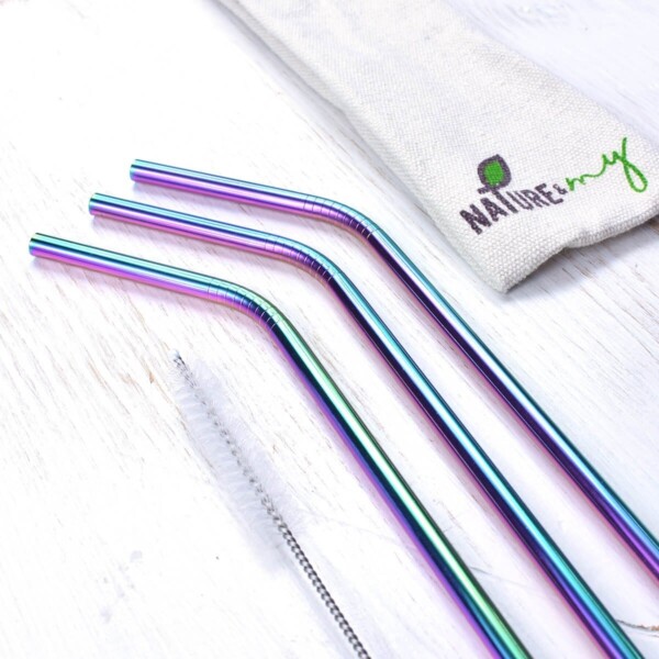 Nature & My Rainbow Stainless Steel Straws With Travel Bag & Cleaning Brush Close Up