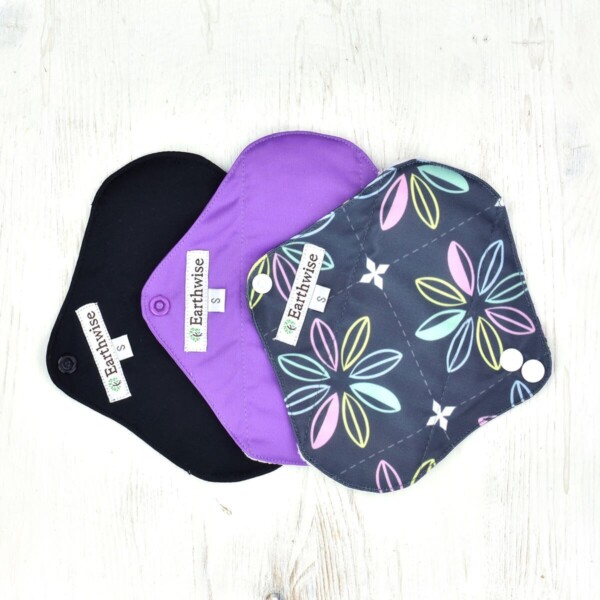 Earth Wise Girls Small Reusable Sanitary Pad 3 pack, purple, charcoal, PUL backing layer,