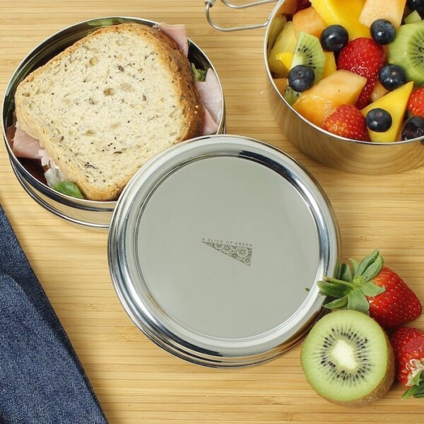 A Slice of Green 2 Tier Round Stainless Steel Lunch Box Top View With Food Inside