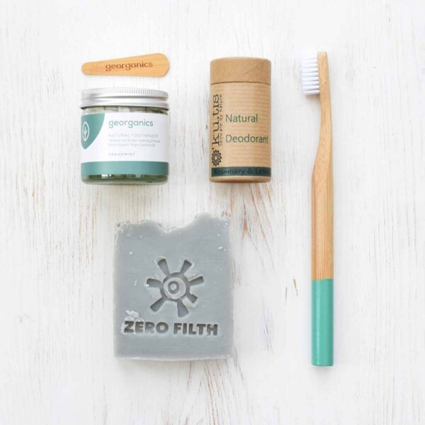 Bare Essentials Kit bamboo toothbrush, coconut oil toothpaste, natural deodorant and the 'Bare Coconuts' vegan soap bar