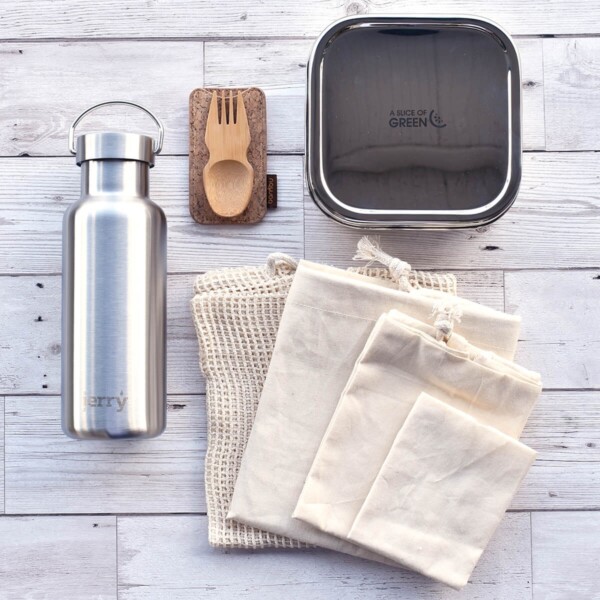 Eco Friendly On-The-Go Kit with lunch box and water bottle, spork and variety of produce bags