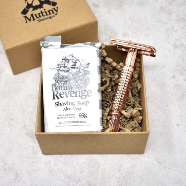 Mutiny Rose Gold Double Edge Safety Razor With Aloe Vera Shaving Soap Gift Set