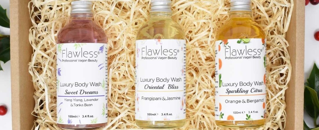 Set of three Flawless luxury body washes in a straw gift box