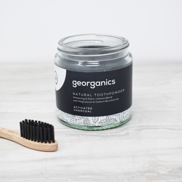 Georganics Toothpowder , dental care, dental hygiene, vegan friendly, toothpowder, whitening toothpowder, toothpowder jar open, charcoal,