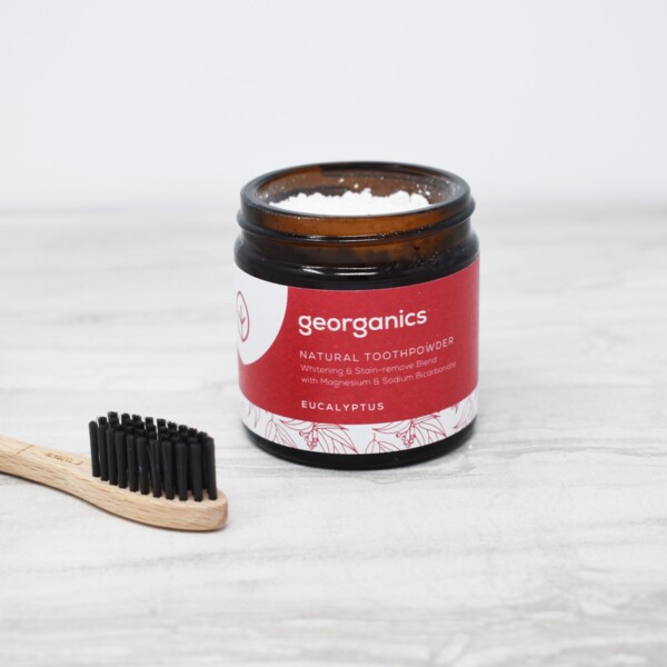 Georganics Toothpowder , dental care, dental hygiene, vegan friendly, toothpowder, whitening toothpowder, eucalyptus, dark glass jar,