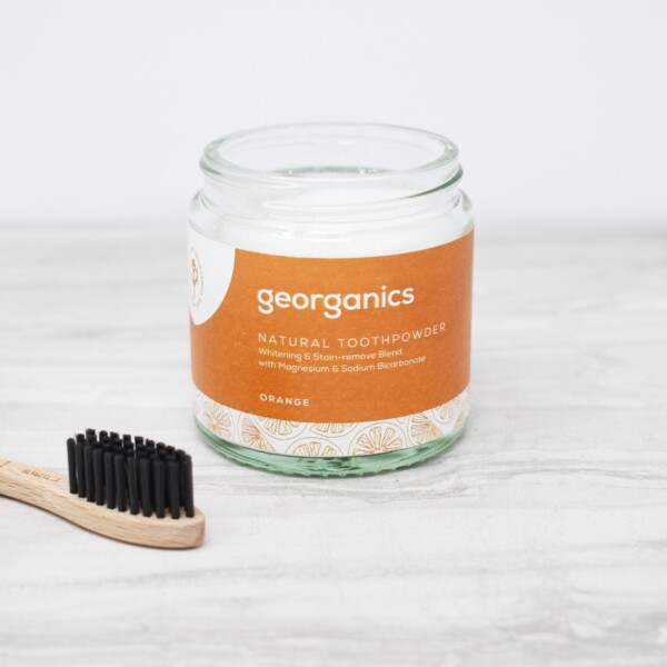 Georganics Toothpowder , dental care, dental hygiene, vegan friendly, toothpowder, whitening toothpowder, toothpowder jar with toothbrush, orange,