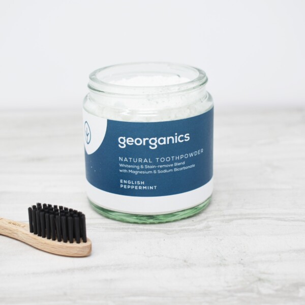 Georganics Toothpowder , dental care, dental hygiene, vegan friendly, toothpowder, whitening toothpowder, toothpowder jar with toothbrush, peppermint,