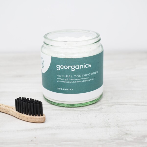 Georganics Toothpowder , dental care, dental hygiene, vegan friendly, toothpowder, whitening toothpowder, toothpowder jar open, spearmint,