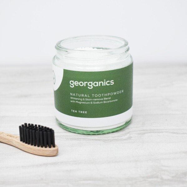 Georganics Toothpowder , dental care, dental hygiene, vegan friendly, toothpowder, whitening toothpowder, toothpowder jar open, tea tree,