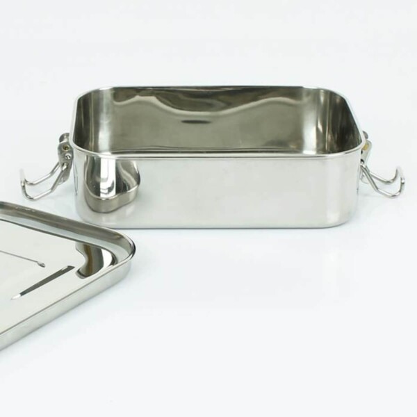 A Slice of Green Rectangle Leak Resistant Stainless Steel Lunch Box With Lid Open