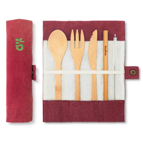 Bambaw Bamboo Cutlery Set In A Berry Coloured Cotton Roll Up Pouch