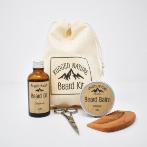 Rugged Nature Natural Beard Kit with drawstring bag, beard oil, beard balm, small comb and beard trimming scissors