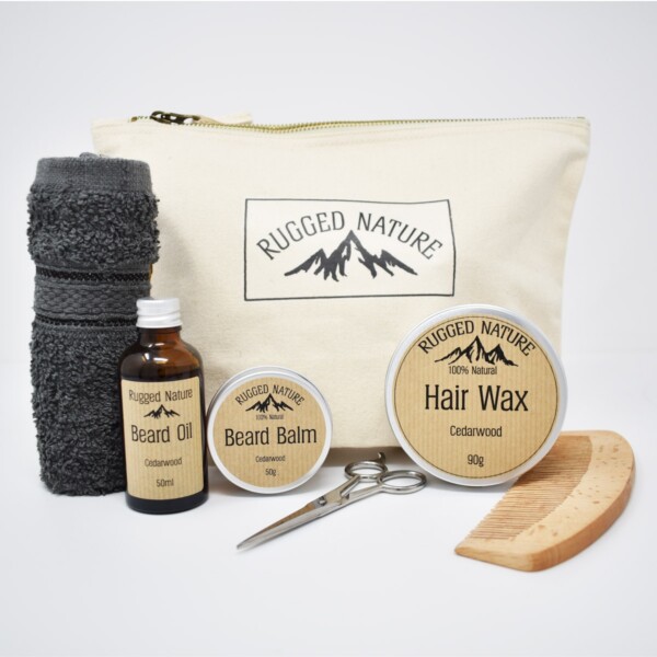 Rugged Nature Luxury Natural Hair & Beard Kit with cotton canvas wash bag, cotton grey face cloth, beard oil, beard balm, hair wax, large comb and beard trimming scissors