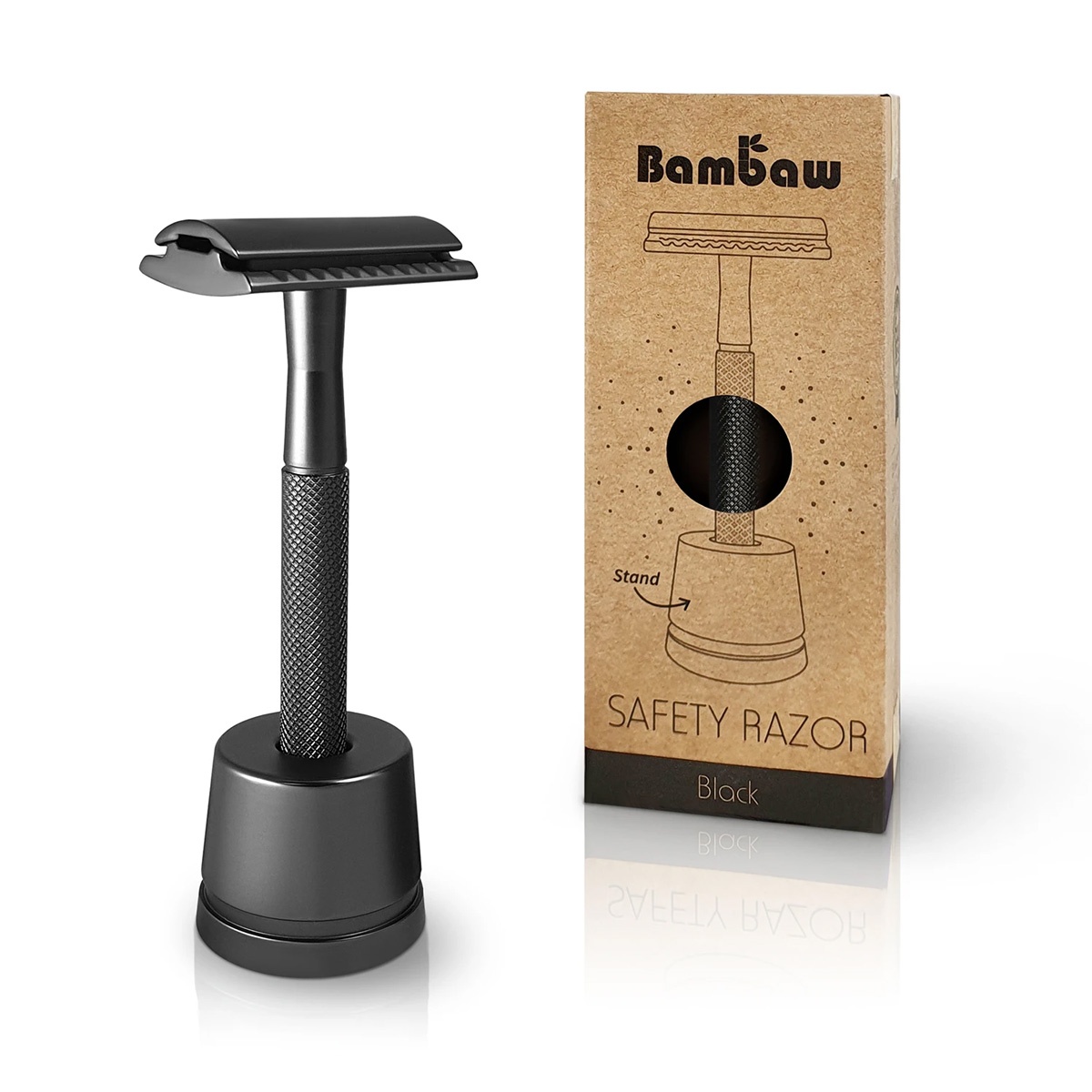 Double Edge Safety Razor with Stand - Black - Bambaw