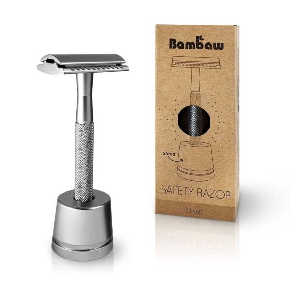 Double Edge Safety Razor with Stand - Silver