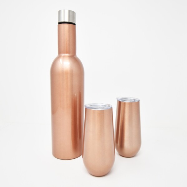Stainless Steel Champagne Flute & Bottle Set - Rose Gold