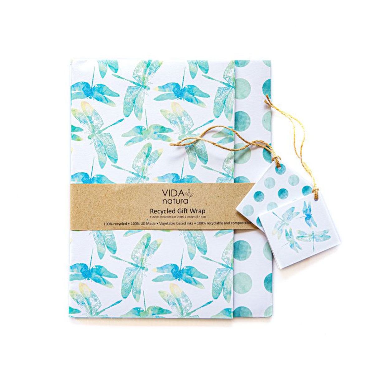 Vida Natural Recycled Gift Wrap With Gift Tags - Dragonflies & Spots