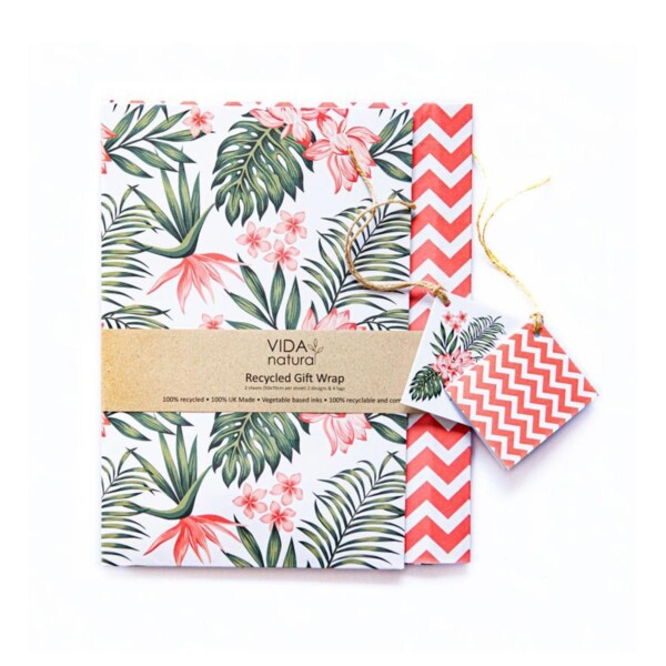 Recycled Gift Wrap With Gift Tags - Tropical Flowers & Zig Zag