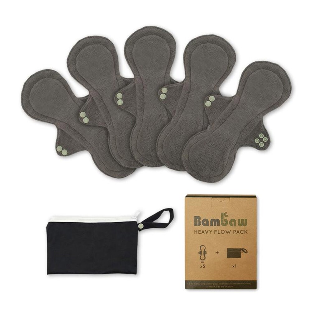 Bambaw Reusable Sanitary Pads with Toiletry Pouch Heavy Flow 5 Pack