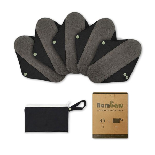 Reusable Sanitary Pads with Toiletry Pouch - Moderate Flow 5 Pack