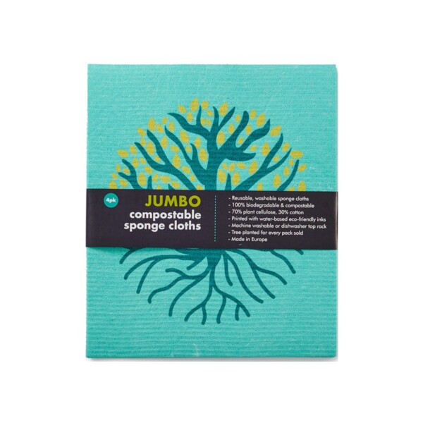 Jumbo Compostable Sponge Cleaning Cloths - Green - 4 Pack