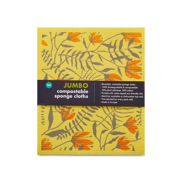 Jumbo Compostable Sponge Cleaning Cloths - Yellow - 4 Pack