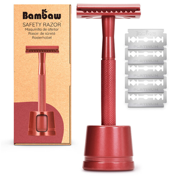 Double Edge Safety Razor with Stand - Red