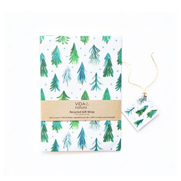 Recycled Gift Wrap With Gift Tags - Green Trees