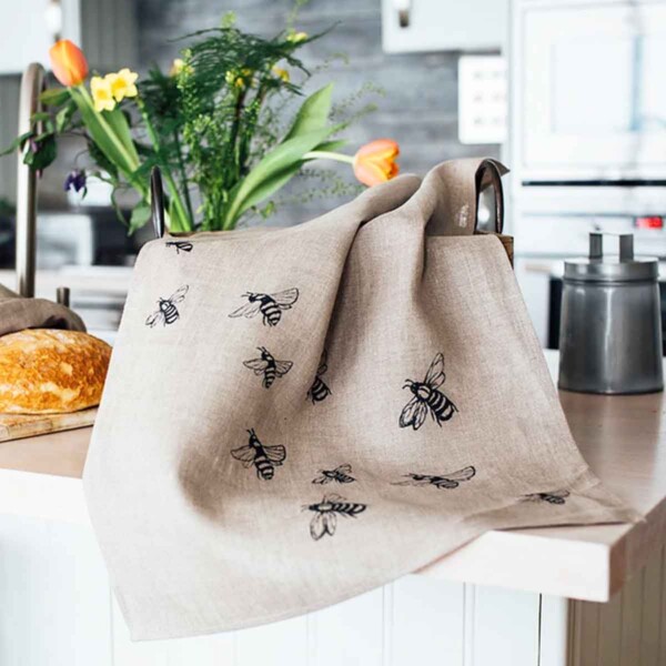Natural Linen Tea Towel - Bees - Image 3