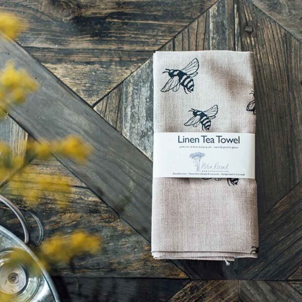 Natural Linen Tea Towel - Bees - Image 2