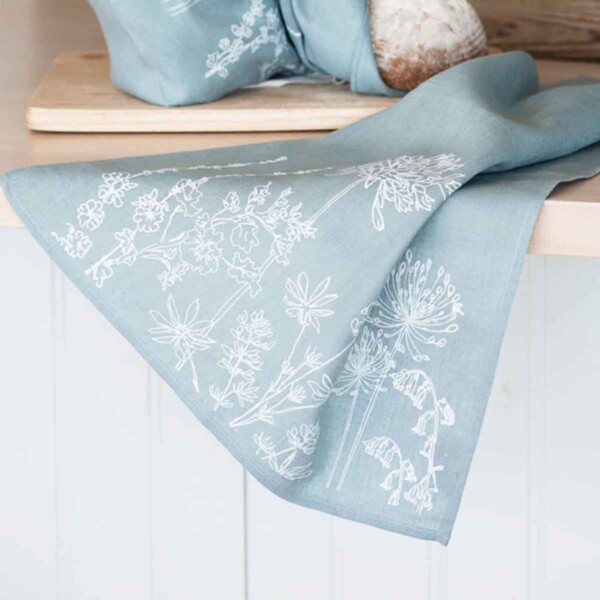 Natural Linen Tea Towel - Duck Egg Garden - Image 3