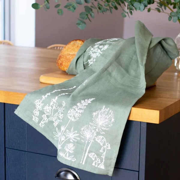 Natural Linen Tea Towel - Sage Green Garden - Image 3