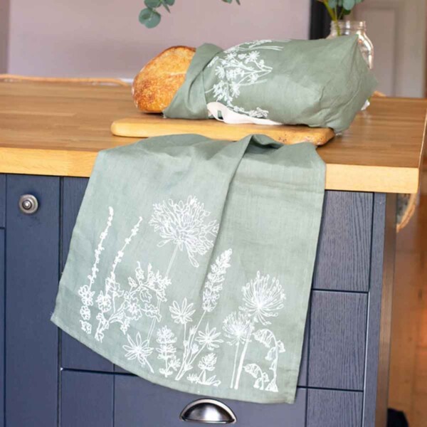 Natural Linen Tea Towel - Sage Green Garden - Image 2