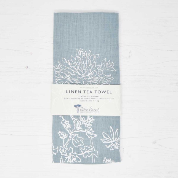 Natural Linen Tea Towel - Duck Egg Garden