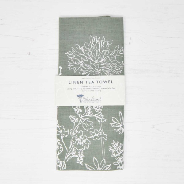 Natural Linen Tea Towel - Sage Green Garden