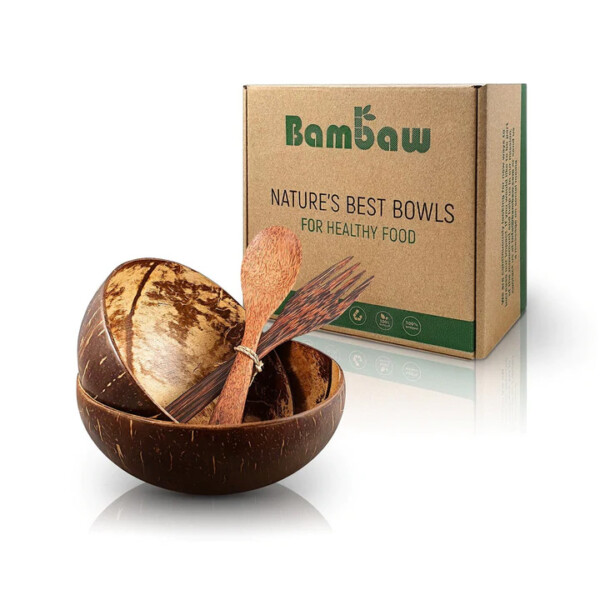 Coconut Bowls With Wooden Spoon & Fork