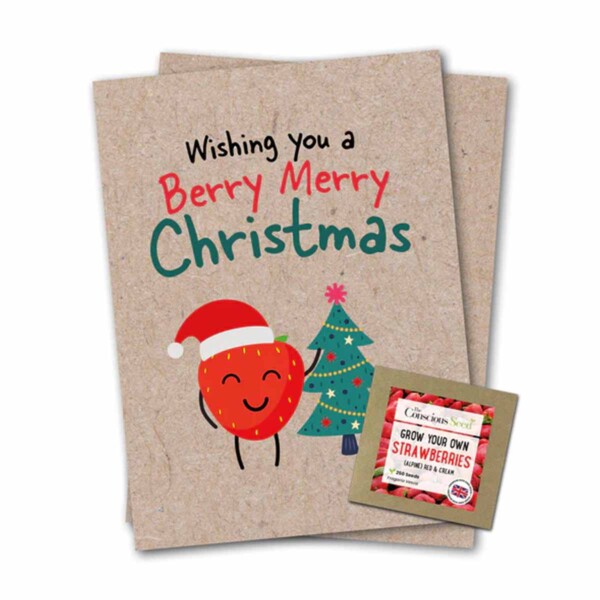 Berry Merry Christmas Greeting Card With Strawberry Seeds